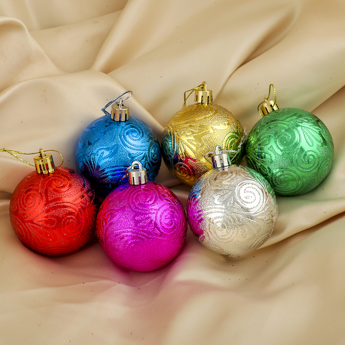 Набор шаров пластик 6 шт d-6 см "Морозная зима" узоры, микс