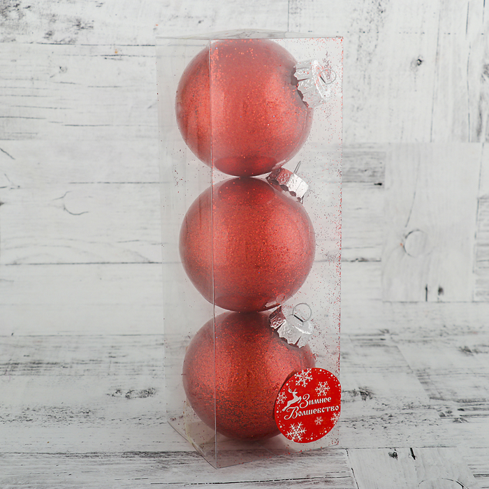 Набор шаров пластик 3 шт d-8 см "Блестки" красный