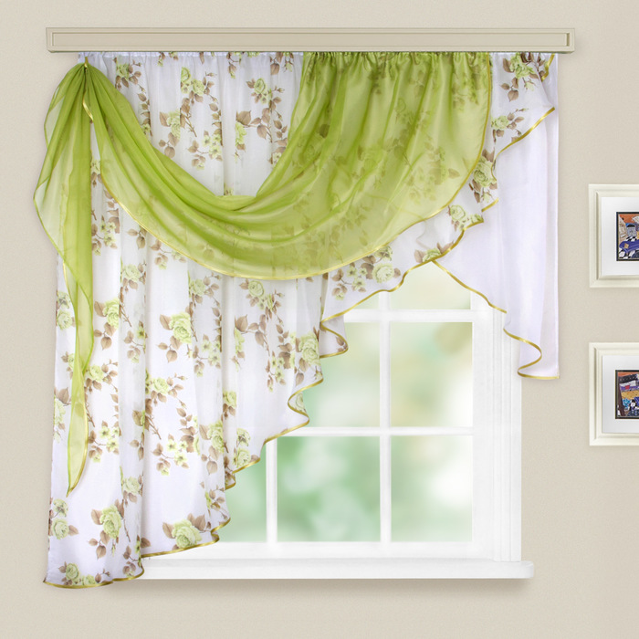 Комплект штор для кухни Иллюзия 300х150 см, цв. зеленый левая, пэ 100%