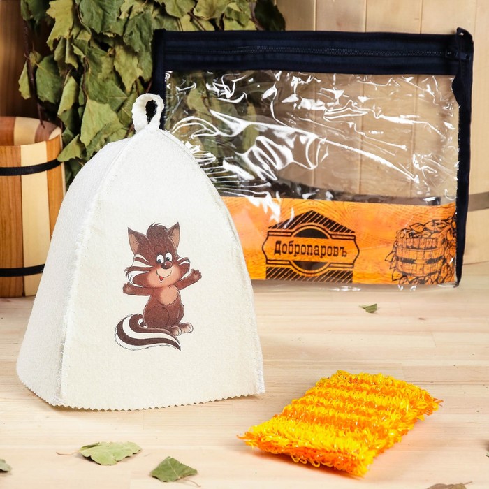 Набор для бани детский "Барсук" в косметичке: шапка с принтом, мочалка