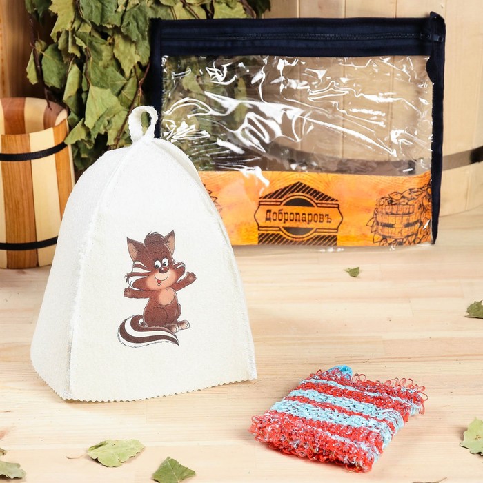 Набор для бани детский "Барсук" в косметичке: шапка с принтом, мочалка