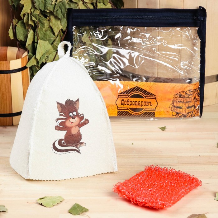 Набор для бани детский "Барсук" в косметичке: шапка с принтом, мочалка