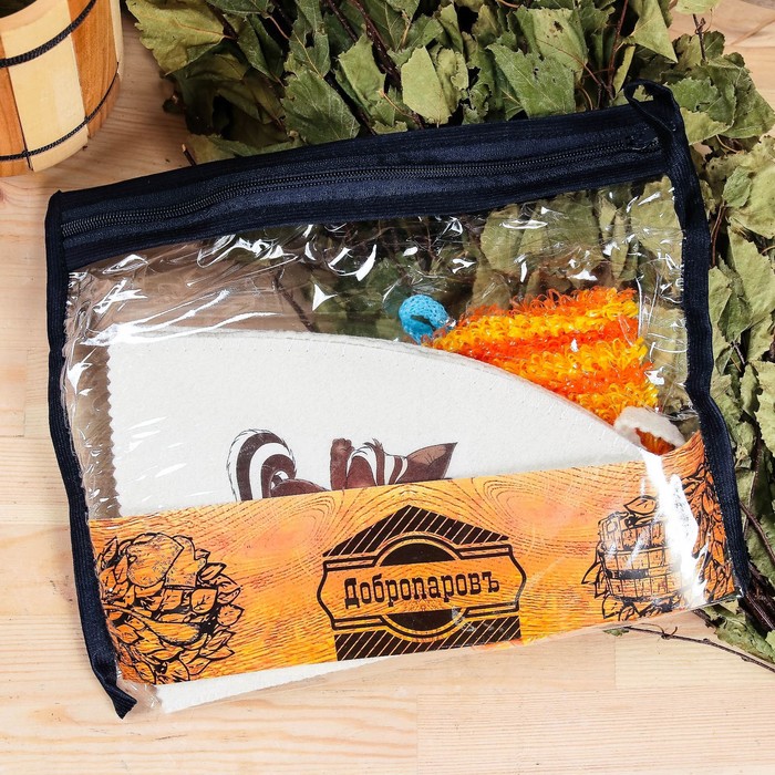 Набор для бани детский "Барсук" в косметичке: шапка с принтом, мочалка