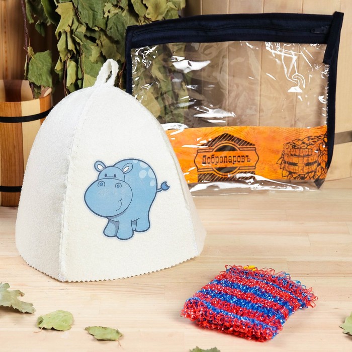 Набор для бани детский "Бегемотик" в косметичке: шапка с принтом, мочалка