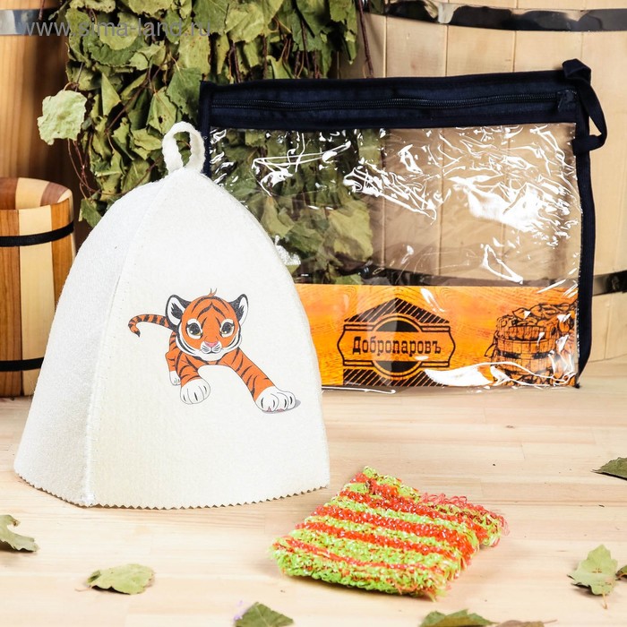 фото Набор для бани детский "тигр" в косметичке: шапка с принтом, мочалка добропаровъ