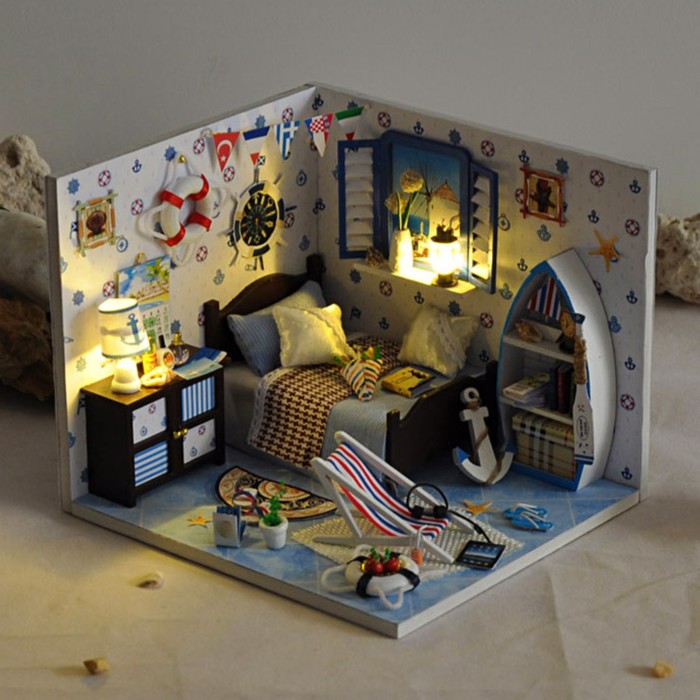 Интерьерный домик - миниатюра, своими руками "Комната в морском стиле" со светом