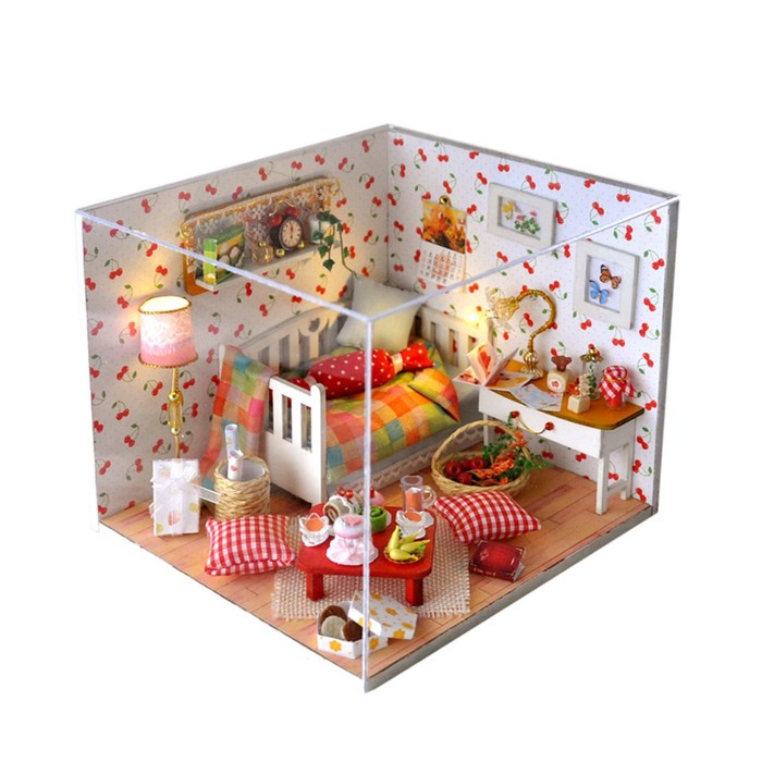 Интерьерный домик - миниатюра, своими руками "Комната с вишенками" со светом