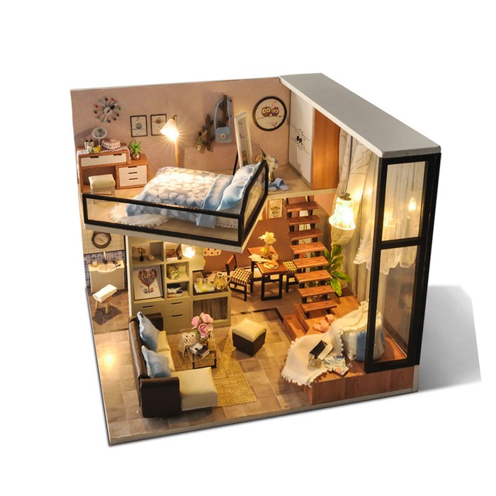 Интерьерный домик - миниатюра, своими руками "Стильная двухуровневая квартира" со светом