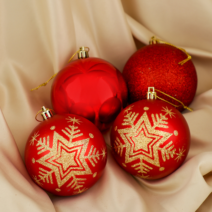 Набор шаров пластик d-8 см 4 шт " Снежинка блестка" красный