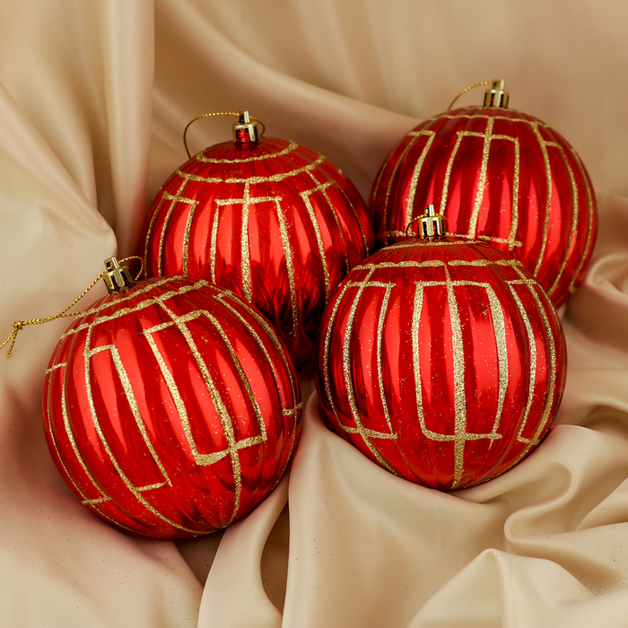 Набор шаров пластик d-10 см 4 шт "Сюита" полоса красный