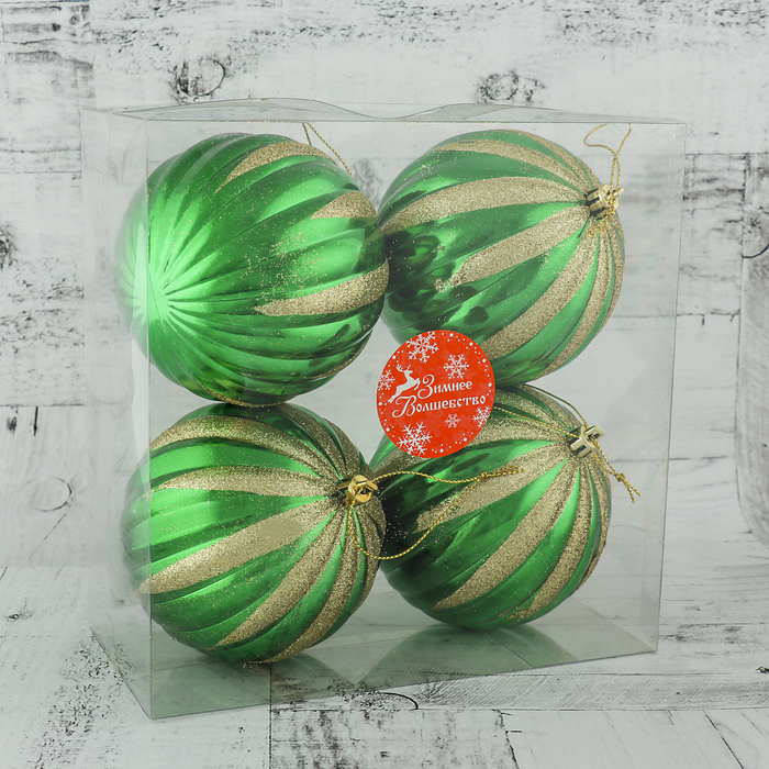 Набор шаров пластик d-10 см 4 шт "Сюита" полоса зеленый