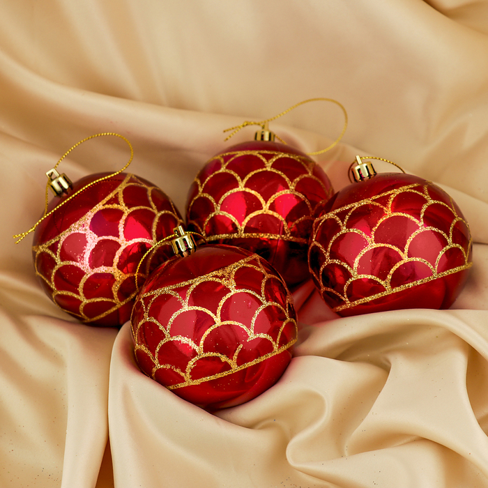 Набор шаров пластик d-8 см 4 шт "Новогодний сюжет" сеточка бордо