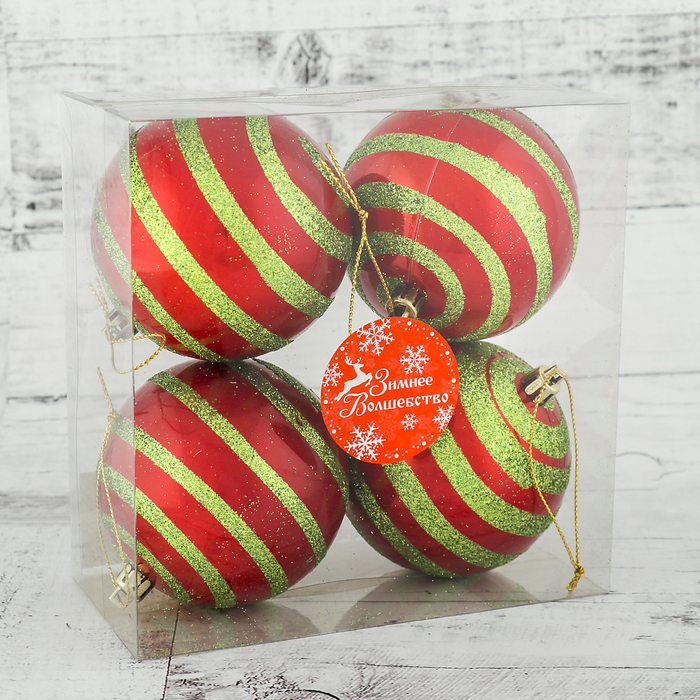 Набор шаров пластик d-8 см 4 шт "Интервал" зеленая полоса