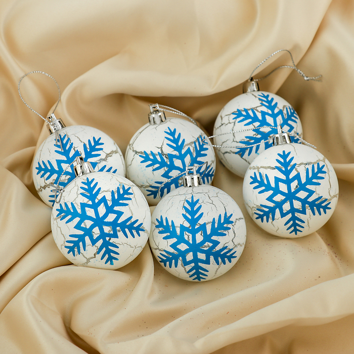 Набор шаров пластик d-6 см 6 шт "Кракле" снежинка белый