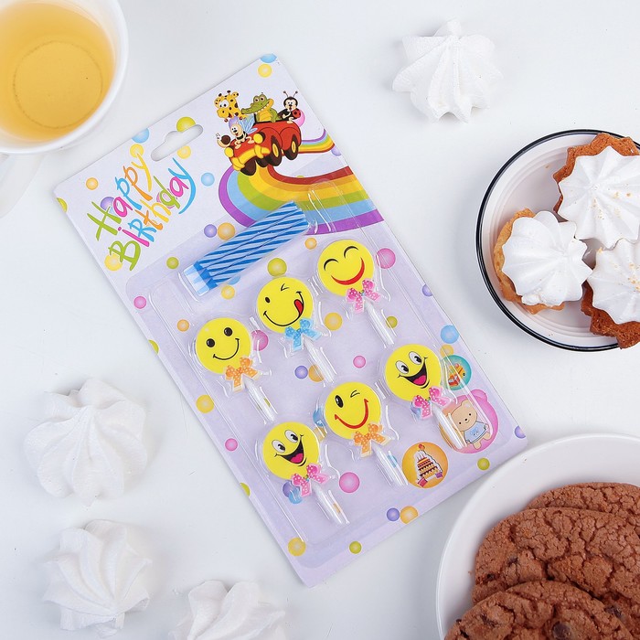 Набор свечей в торт "Смайлики", 6 свечей (5,5*0,5см) с подставками МИКС