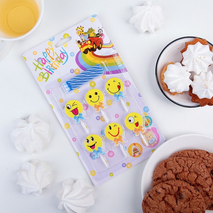 Набор свечей в торт "Смайлики", 6 свечей (5,5*0,5см) с подставками МИКС