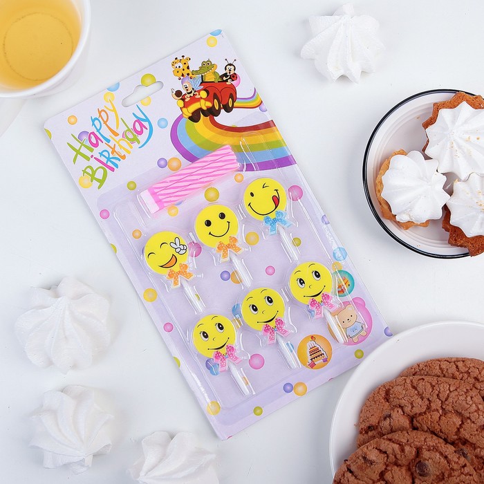 Набор свечей в торт "Смайлики", 6 свечей (5,5*0,5см) с подставками МИКС