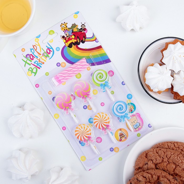 Набор свечей в торт "Леденцы", 6 свечей (5,5*0,5см) с подставками МИКС