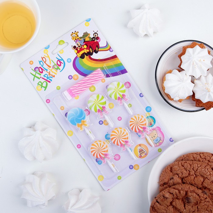 Набор свечей в торт "Леденцы", 6 свечей (5,5*0,5см) с подставками МИКС