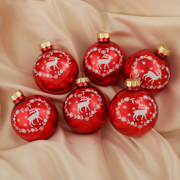 Набор ёлочных шаров d-6 см "Олень" (набор 6 шт) красный