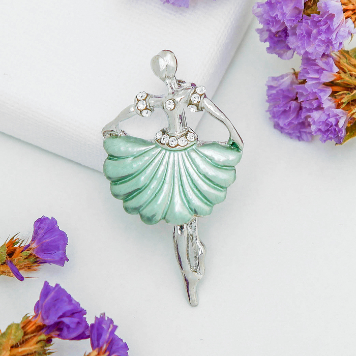Брошь "Балерина" в плессированной юбке, цвет мятный в серебре