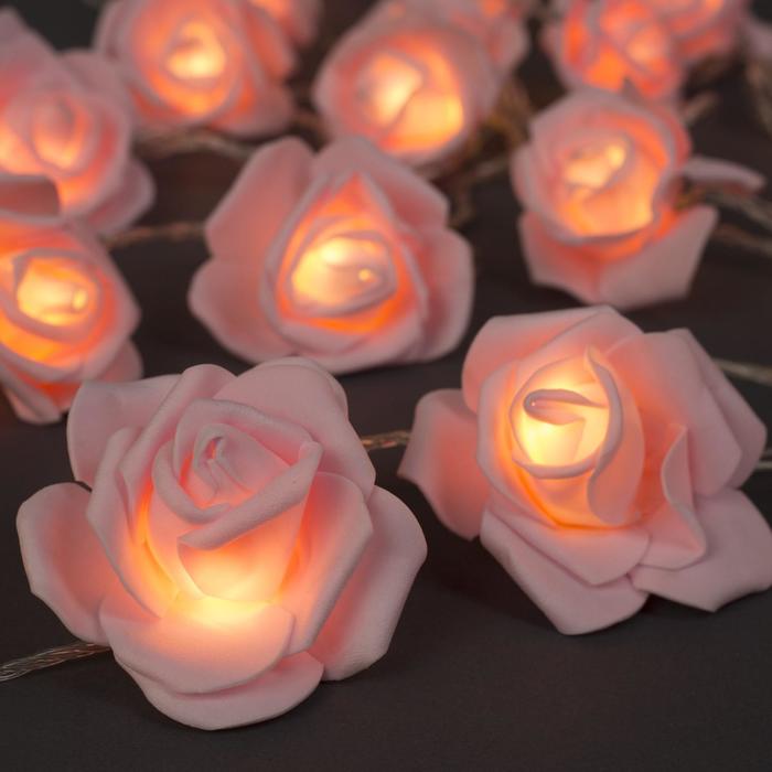 Гирлянда «Нить» 5 м с насадками «Розы светло-розовые», IP20, прозрачная нить, 20 LED, свечение тёплое белое, 220 В