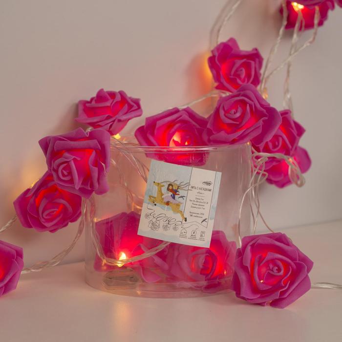 НИТЬ с насадками 5 м "Розы розовые" 7 см, Н. С. УМС вилка, 20 LED-220V, фиксинг,ТЕПЛЫЙ БЕЛЫЙ