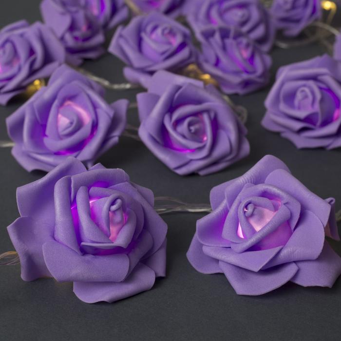 Гирлянда «Нить» 5 м с насадками «Розы фиолетовые», IP20, прозрачная нить, 20 LED, свечение теплое белое, 220 В