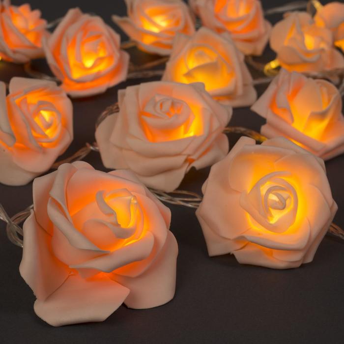 Гирлянда «Нить» 5 м с насадками «Розы оранжевые», IP20, прозрачная нить, 20 LED, свечение тёплое белое, 220 В