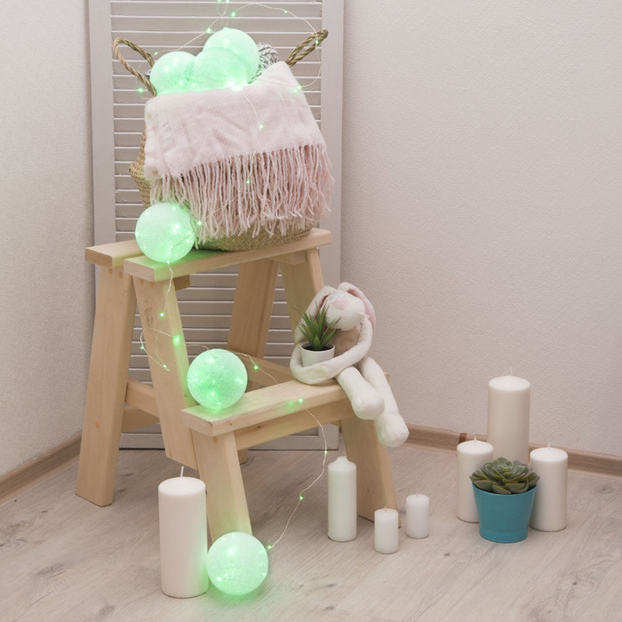 НИТЬ "Шары плетеные" 1,8 м, 6 х10 см, 100 LED-12V, нить белая, адаптер в компл. ЗЕЛЕНЫЙ