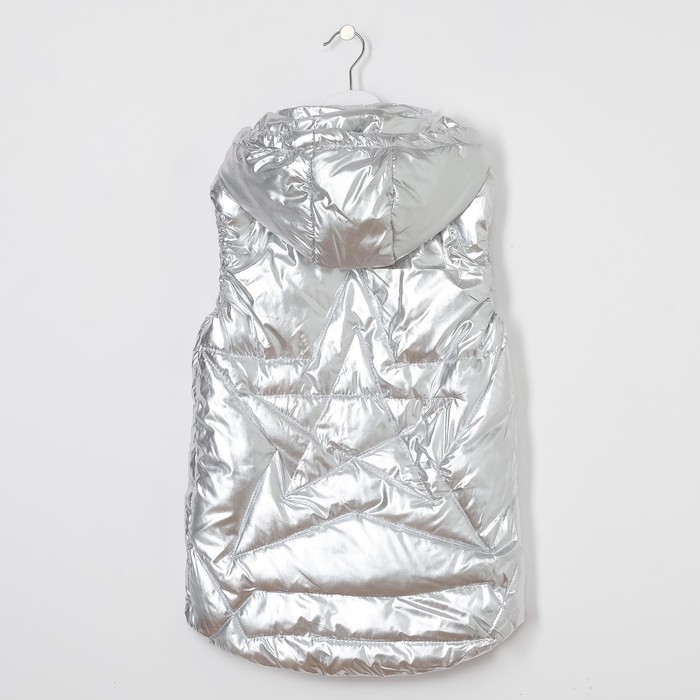 Жилет для девочки с капюшоном, с клапанами, серебро, рост 110-116 см