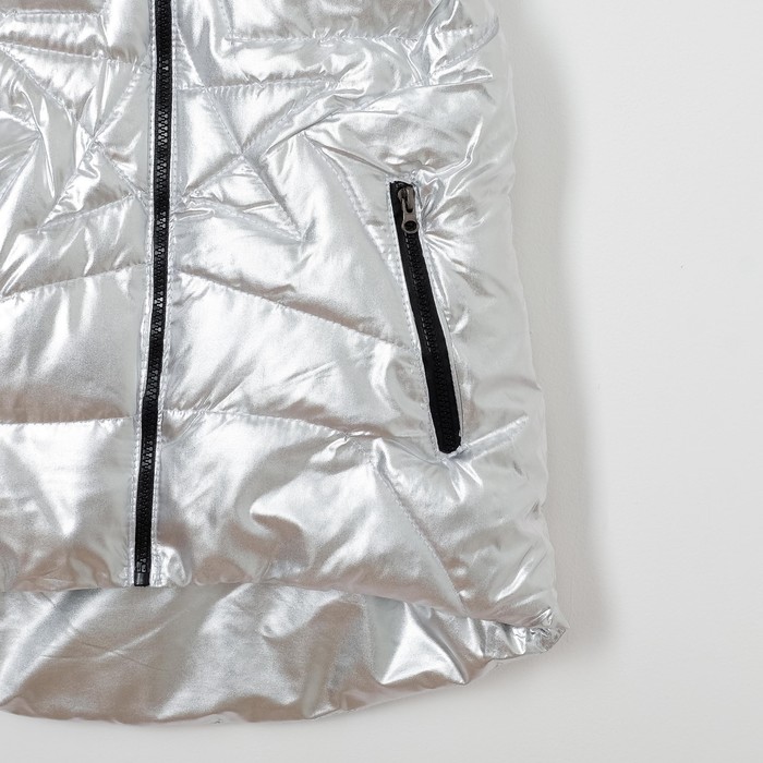 Жилет для девочки с капюшоном, с клапанами, серебро, рост 116-122 см