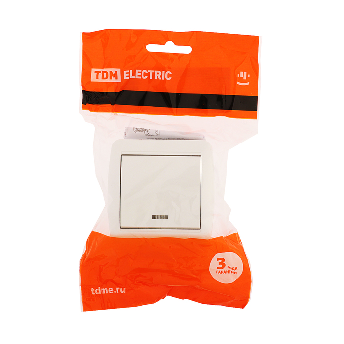 Выключатель TDM "Селигер", одноклавишный, открытой установки с подсветкой, IP44, 10 А, белый