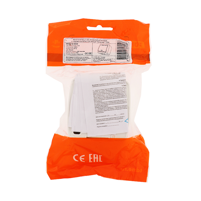 Выключатель TDM "Селигер", одноклавишный, открытой установки с подсветкой, IP44, 10 А, белый