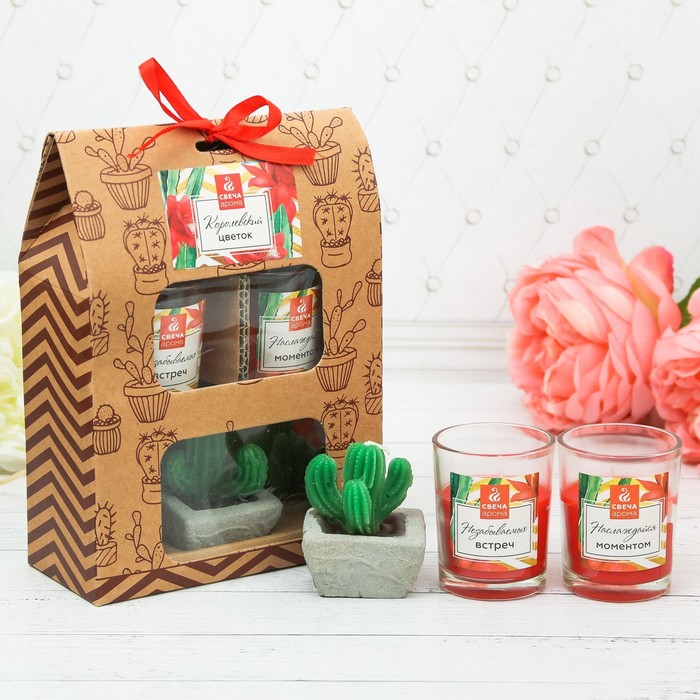 Набор свечей с кактусом "Королевский цветок", 14 х 17,5 см