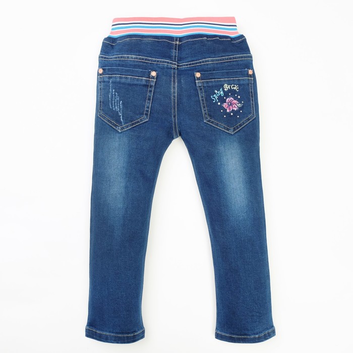 Джинсы для девочки вышивка цветы/стразы А.2828, синий, рост 98