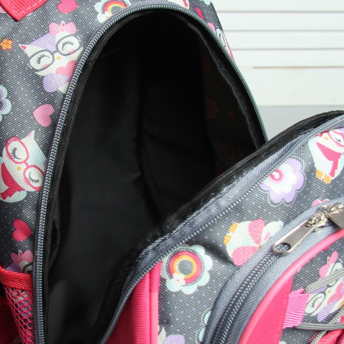 Рюкзак школьный «Совы», отдел на молнии, наружный карман, цвет серый/розовый