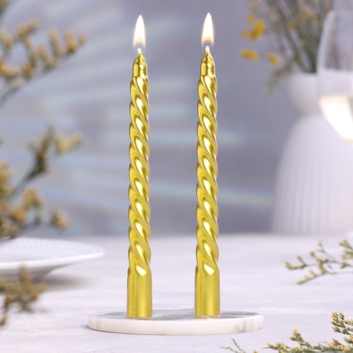 Набор свечей витых, 1.5х15 см, 2 штуки, золотой металлик набор свечей витых 2 2х 25 см 2 штуки чёрный