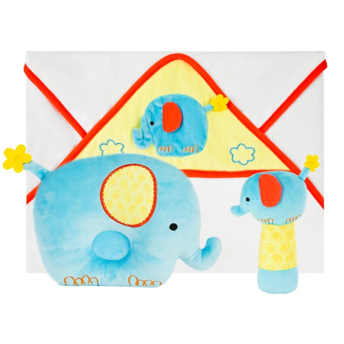 Подарочный набор «Добрый слоник» полотенце, погремушка и подушка