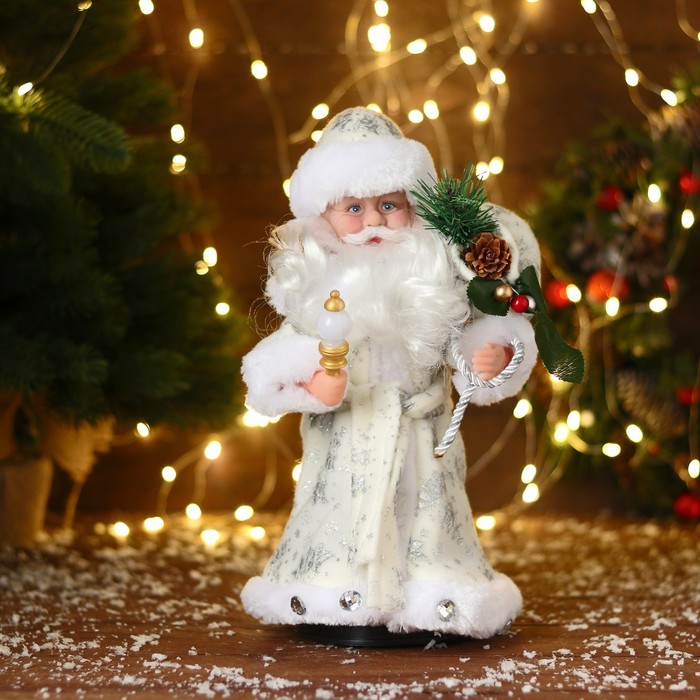 Дед Мороз В белой шубке с подарками двигается, с подсветкой, 30 см