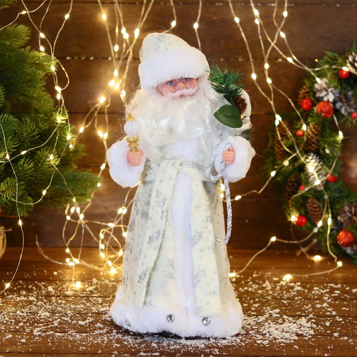 дед мороз в синей шубке с подарками двигается с подсветкой 38 см Дед Мороз В белой шубке с подарками двигается, с подсветкой, 38 см