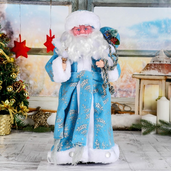 Дед Мороз В синей шубке с подарками двигается, 43 см