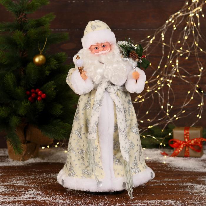 дед мороз в синей шубке с подарками двигается с подсветкой 38 см Дед Мороз В белой шубке с подарками двигается, с подсветкой, 43 см