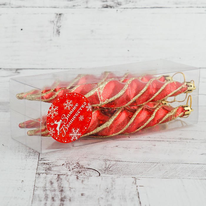 Украшение ёлочное "Сосульки витые" (набор 4 шт) 3*16,5 см, красные с золотом