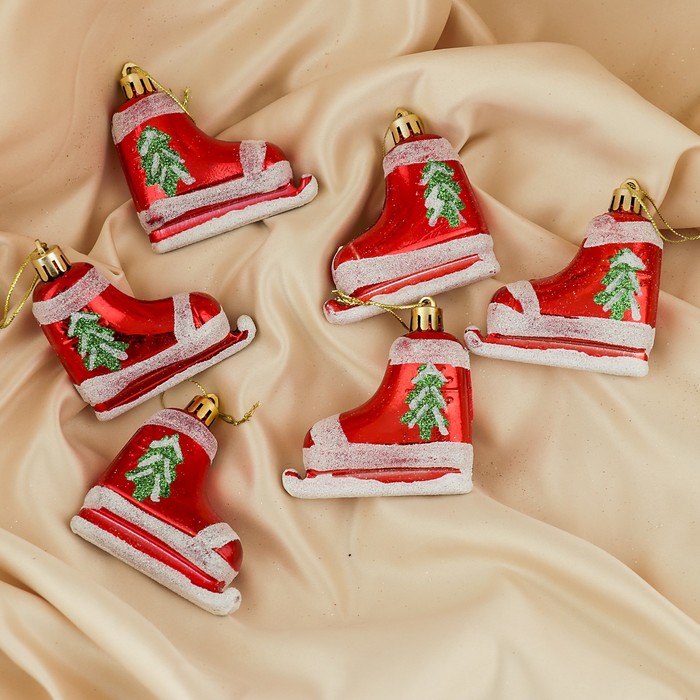 Украшение ёлочное "Коньки с ёлочкой" (набор 6 шт) 7*7 см, красный