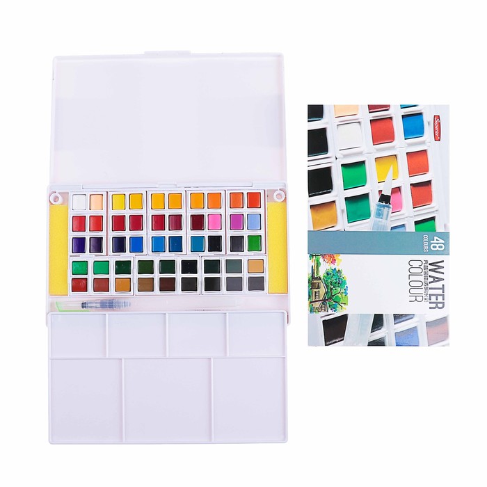 Краски акварельные 48цв в кюветах в пластиковой коробке с палитрой с кистью