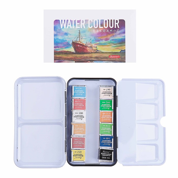 Краски акварельные 12цв твердые в мет боксе с держателем