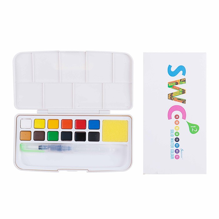 Краски акварельные 12 цветов, профессиональные, с палитрой и кистью