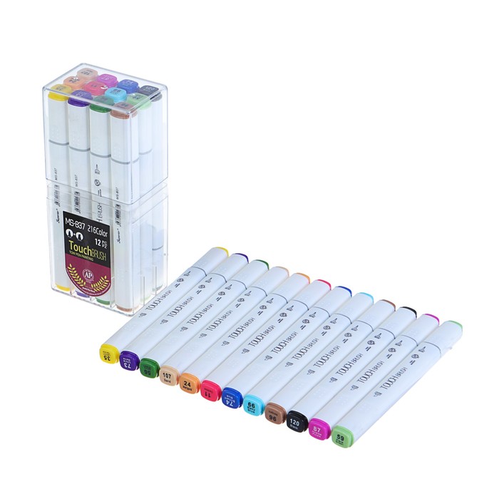 Набор маркеров профессиональных двусторонних с мягкой кистью 12шт/12цв Набор A MS-837