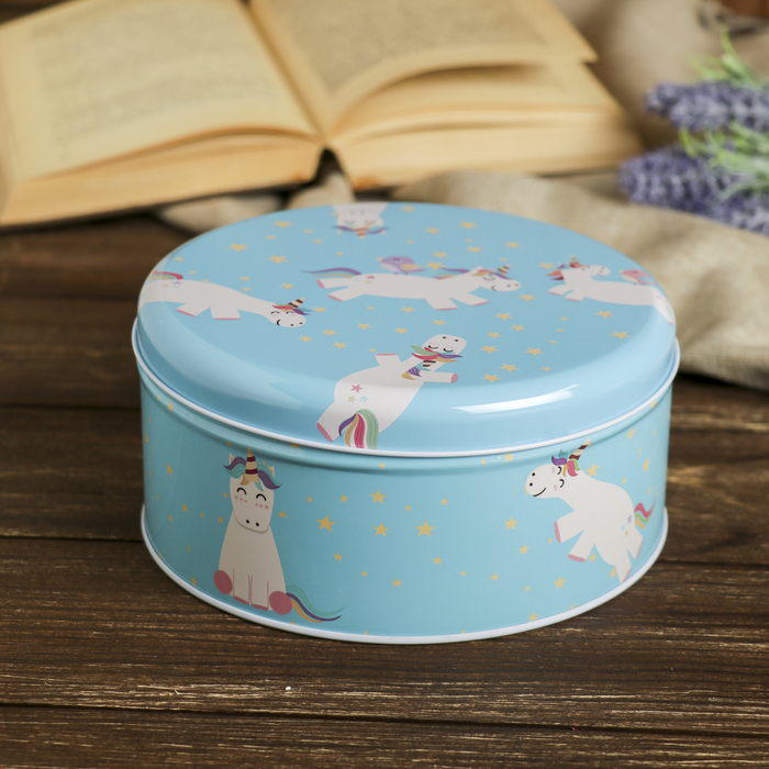 Шкатулка металл круг "Летающие единороги" 7,8х17,5х17,5 см